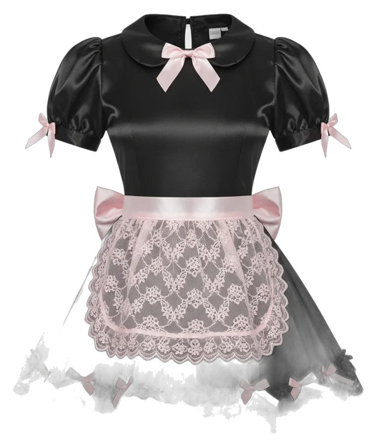 Disfraz de mucama negro con mandil de encaje rosa