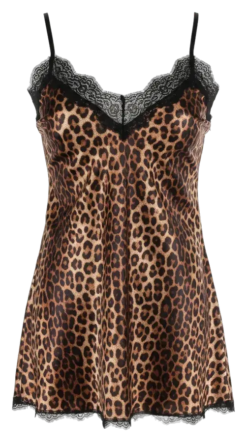 Negligé de satén con estampado de leopardo y encaje negro