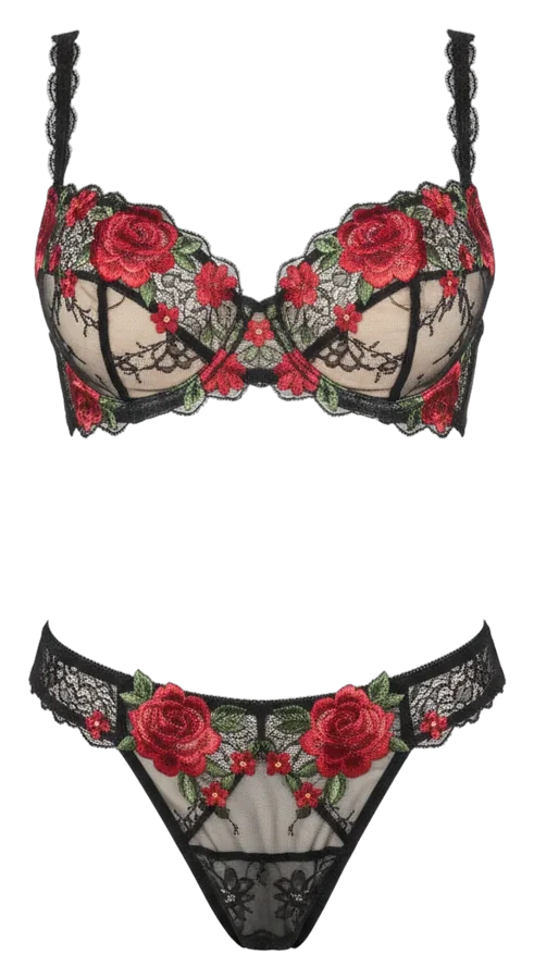 Conjunto negro con flores rojas bordadas y tanga